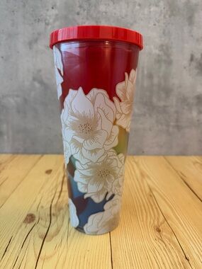 Starbucks Red Lid Gradient Travel Tumbler with White Floral Print